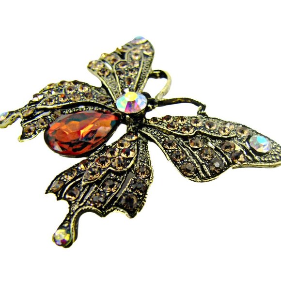Butterfly brooch pin with brown crystals vintage look design in antique gold - Picture 2 of 8